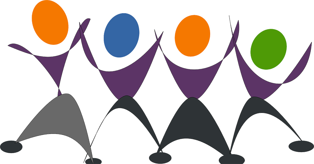 Illustration av fyra streckade figurer i olika färger som dansar