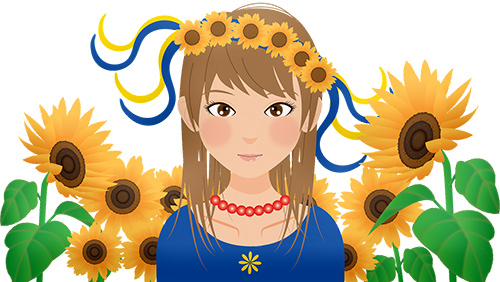 En illustration av en flicka omgiven av solrosor