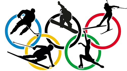 En illustrerad bild av OS-ringarna med siluetter av vintersportsatleter